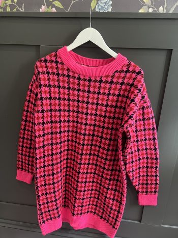 Miss Selfridge Neon Pink Houndstooth Jumper Dress - Size Small